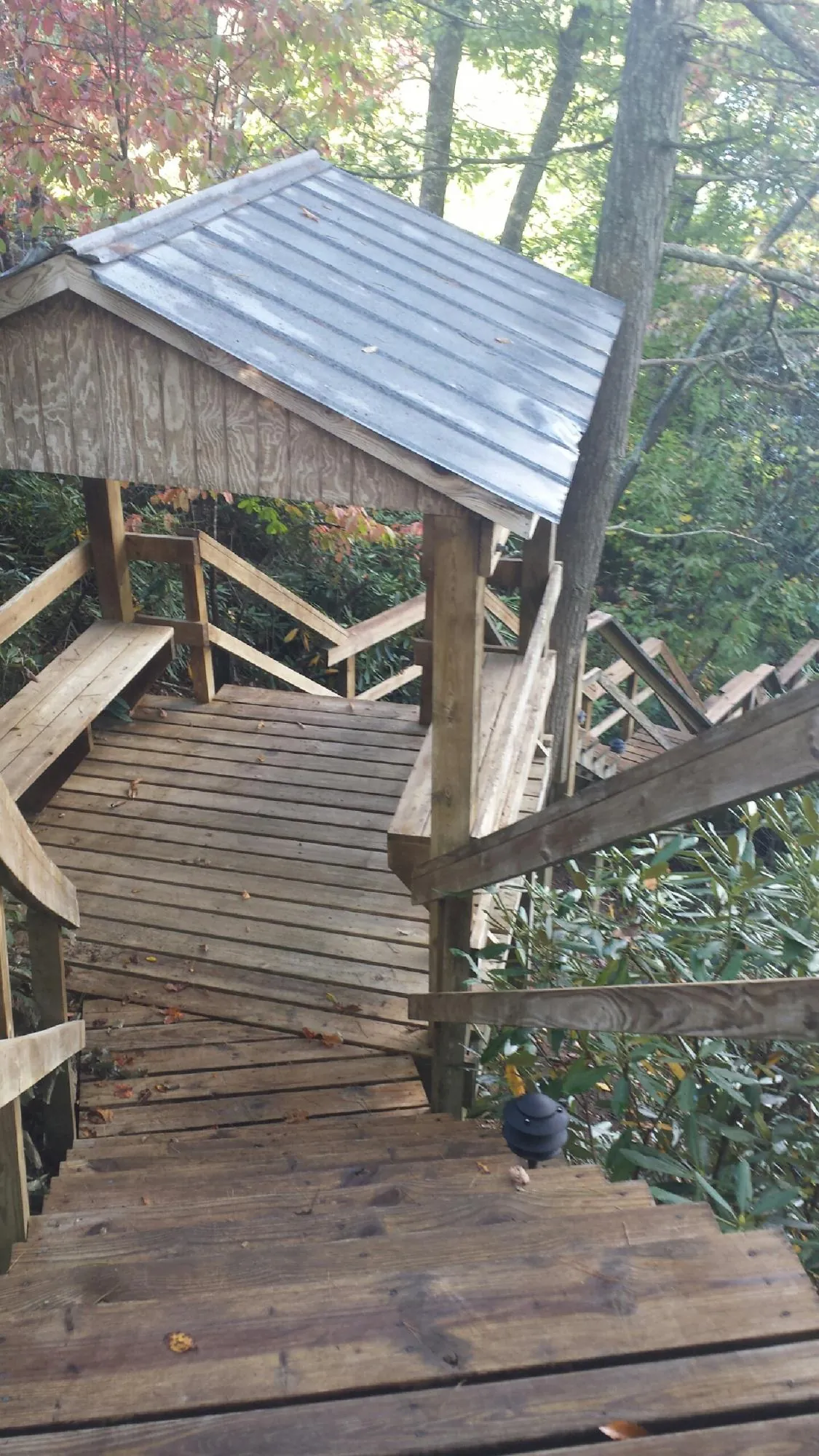 Metal roofed shelter over wooden steps on a wooded walkway — Skylight Repair & Installation work by our crew in Lake Charles